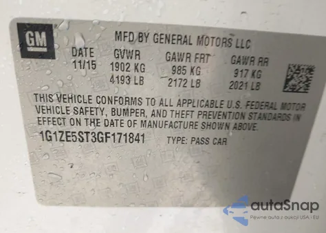 2016 Chevrolet Malibu 1Lt z USA, uszkodzony, nr VIN 1G1ZE5ST3GF171841